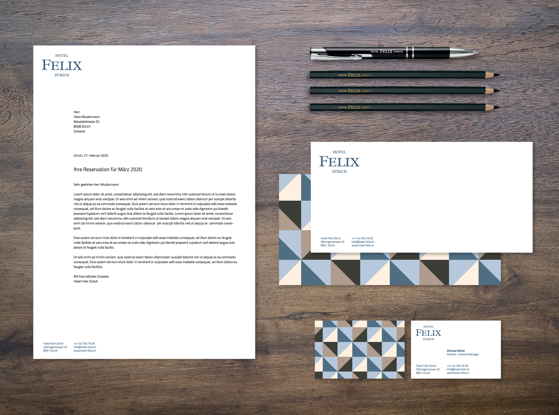Logoentwicklung und sämtliche Briefschaften vom Hotel Felix, ein Hotel der Meili Selection AG.