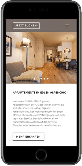 Webseite auch auf mobilen Geräten gut sichtbar für das Hotel Piz Buin. Design-Konzept für einige der Hotels der Meili Selection AG.