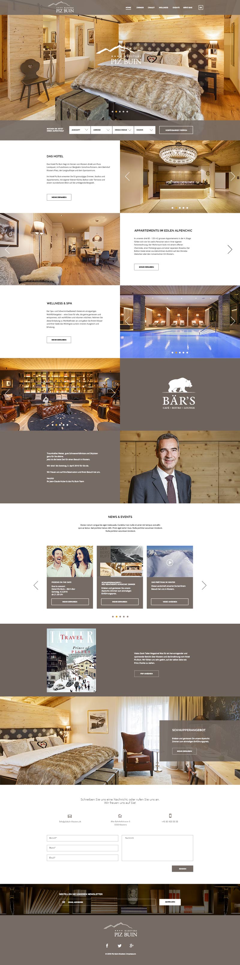 Übersicht der Homepage der Webseite für das Hotel Piz Buin Klosters. Das Design-Konzept wurde auch bei anderen Hotels der Meili Selection AG angewendet.